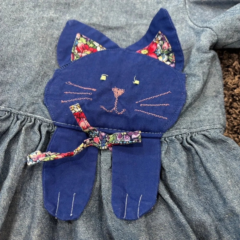 Handmade Girls Denim Blue Cat Dress Size 5/6 Floral Bow Puff Sleeves